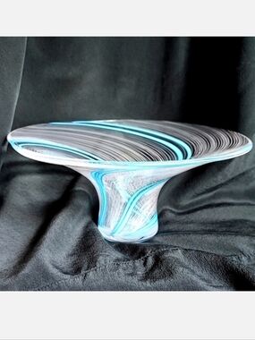 Murano Latticino Venini Italian Blown Glass Aqua Blue White Swirl Vintage Bowl